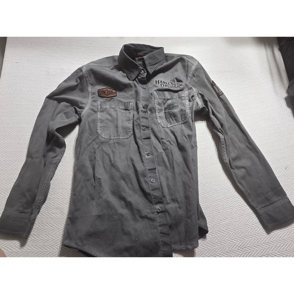 Harley Davidson Mens L Gray SYN3 Embroidered Long Sleeve Biker Button Up Shirt